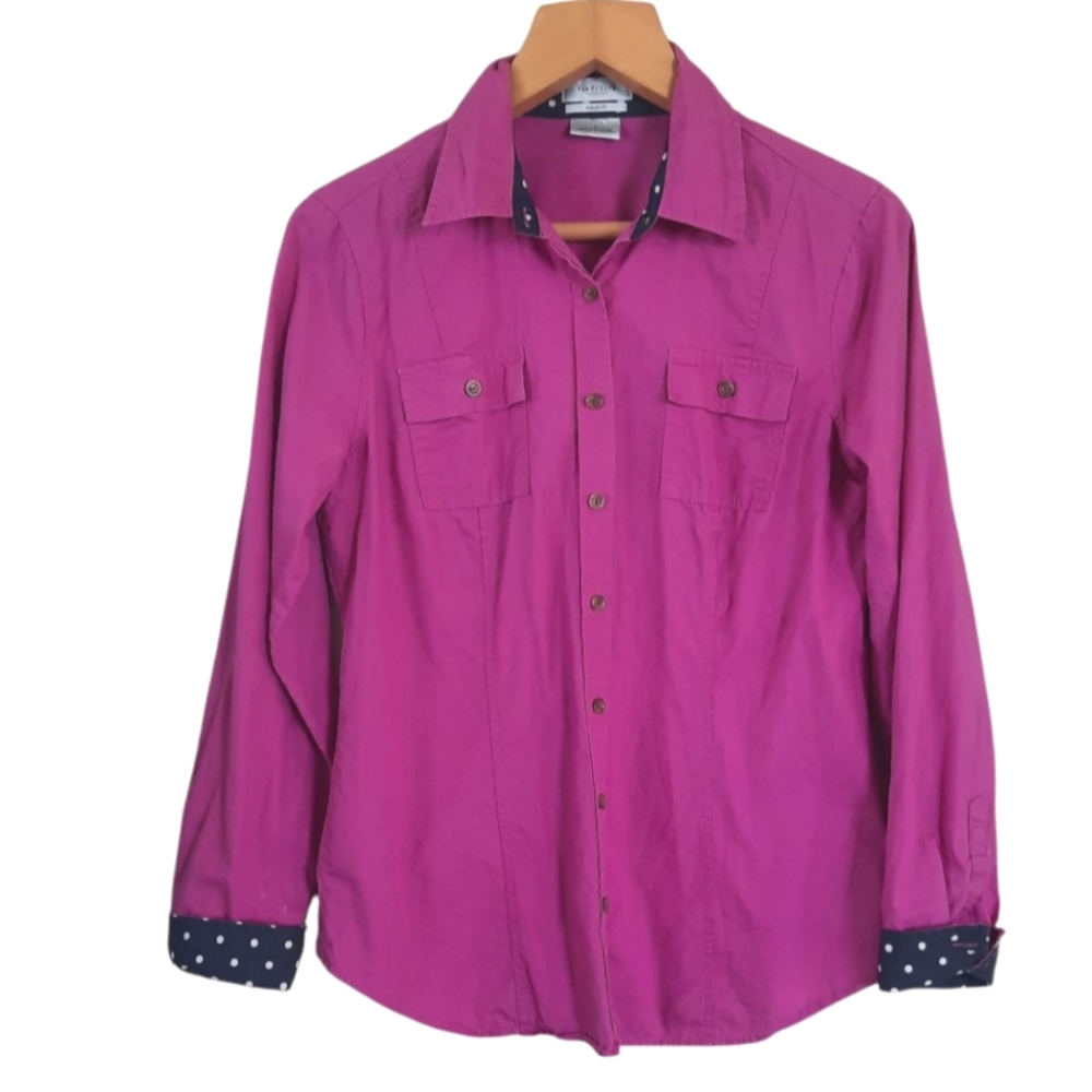 Pink Polka Dot Accent Button Down Cotton Shirt